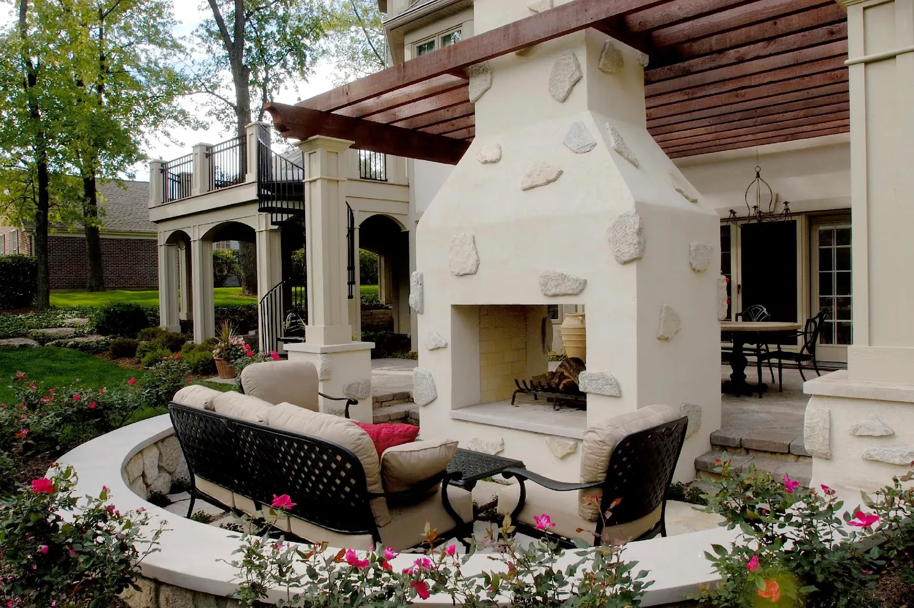 Seating facing the opposite side of the fireplace.
