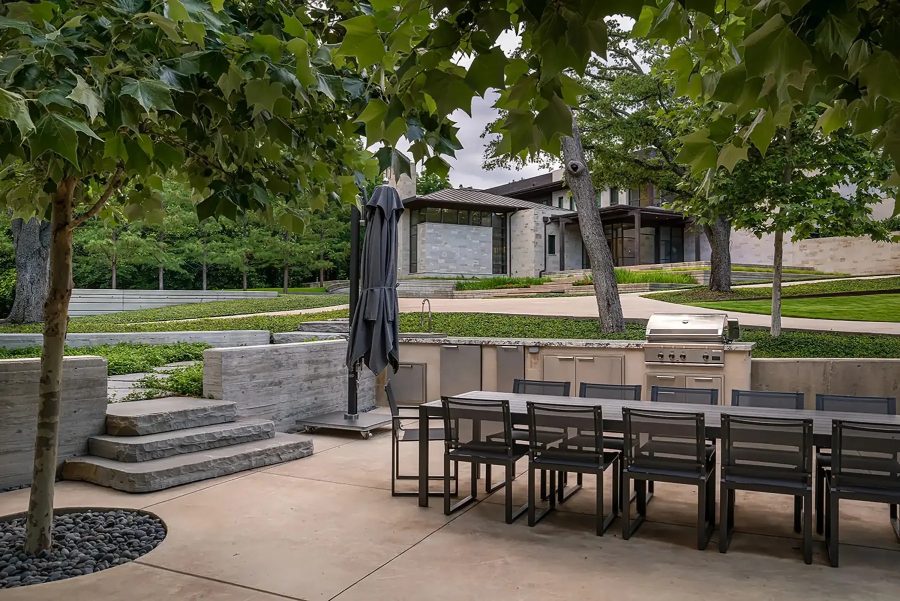 Outdoor kitchen and stone steps below the house.