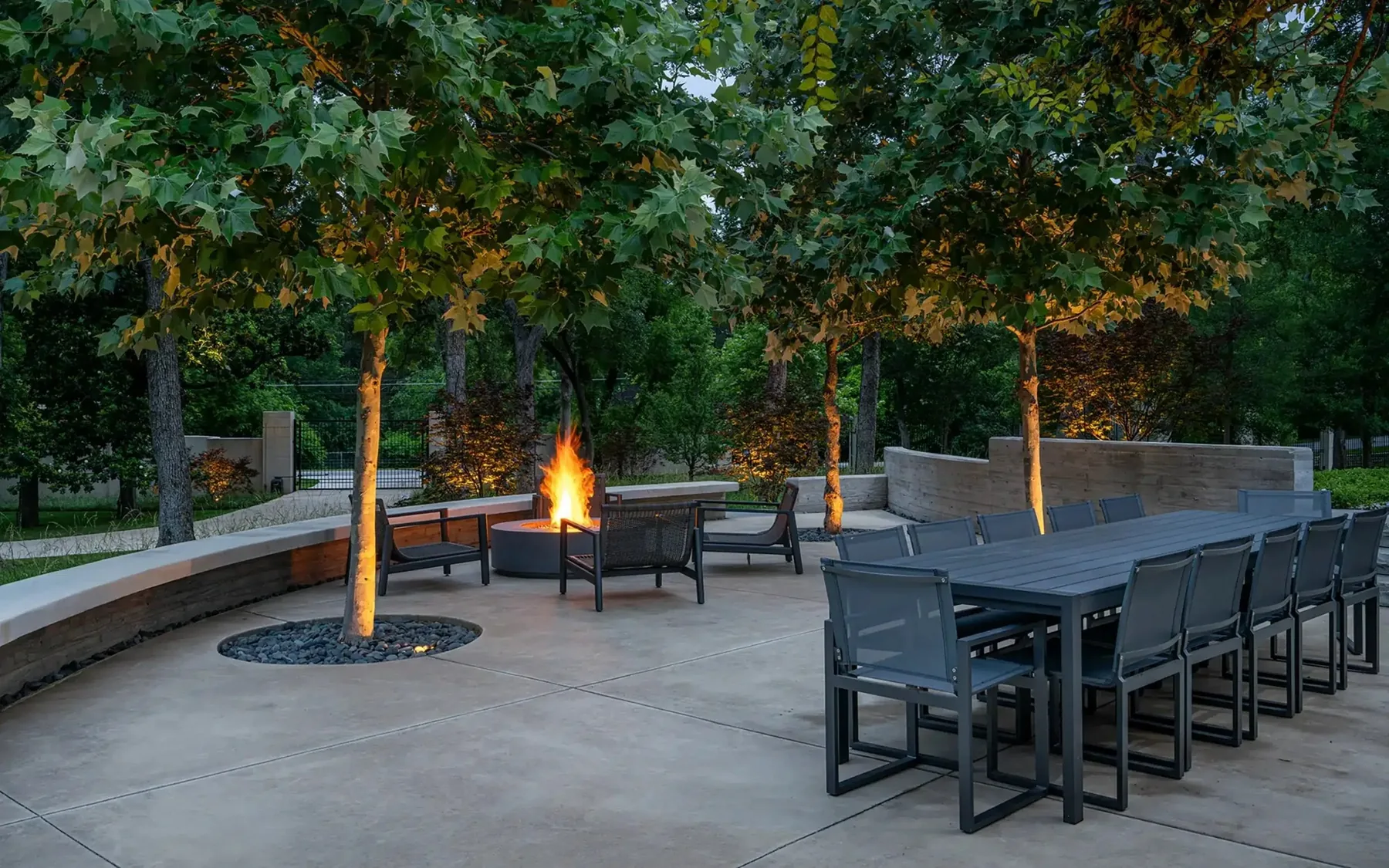 Fire pit and long dining table under trees.