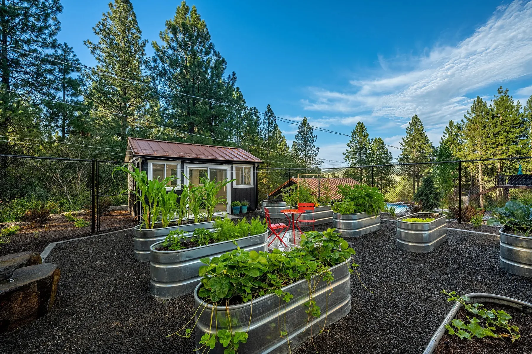 Raised vegetable beds reached by a stone stair.