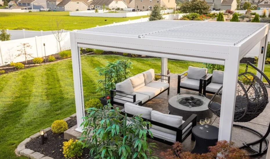 Pergola and seating on the lower patio.
